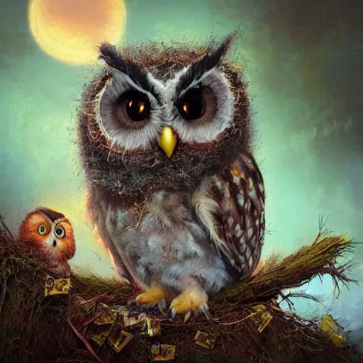 Image similar to long shot of a very fluffy cute owl chick nesting in a cup, esao andrews, by m. w. kaluta, humorous illustration, hyperrealistic, tilt shift, warm colors, night scenery, low light, 3 d octane render, 4 k, volumetric lights, smooth, cosy atmosphere, conceptart, hyperdetailed, trending on deviantart