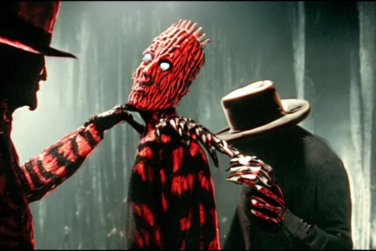 Image similar to Freddy Krueger facing off against Pinhead, epic, cinematic, 8k