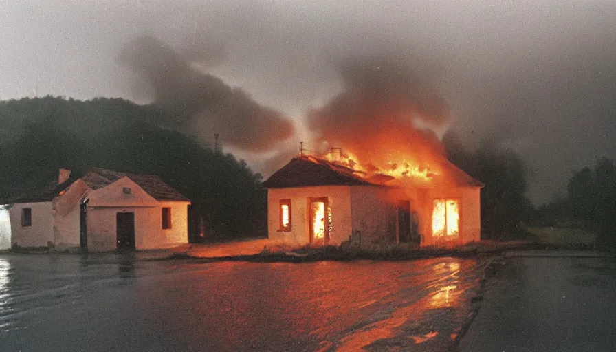 Image similar to 1 9 7 0 s movie still of a heavy burning french style little house in a small north french village by night, rainy, foggy, cinestill 8 0 0 t 3 5 mm, heavy grain, high quality, high detail, dramatic light, anamorphic, flares