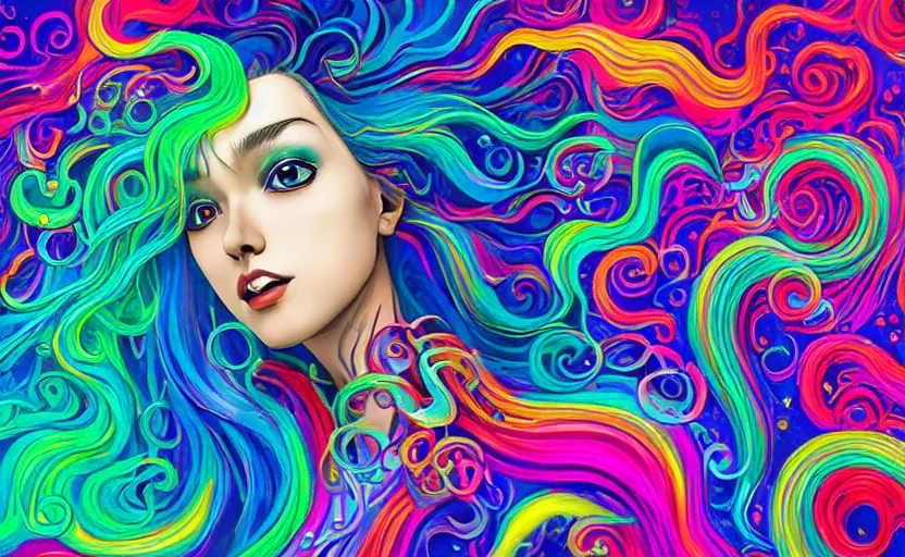 Image similar to a digital painting of a woman with colorful hair made of curly and splashing liquid and bubbles, intricate mechanical details, futuristic, a pop art painting by tomokazu matsuyama, behance contest winner, psychedelic art, psychedelic, 2 d, digital illustration, trending on artstation, anime stylized, accurate fictional proportions, high delicate defined details, ethereal lighting