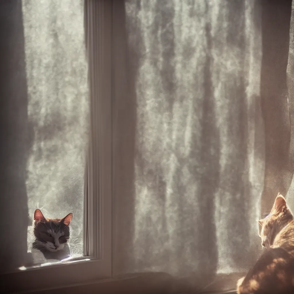 Prompt: a cat sleeping in front of a window, morning light rays comes out from the window, backlighted, professional detailed photo