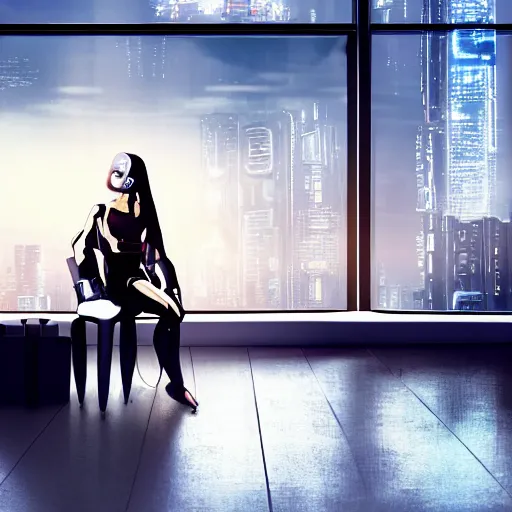 Image similar to cluttered living room wide shot cyberpunk high tech, cool cybernetic girl sitting at table, through the window is a cityscape, dramatic lighting, god rays, music by vangelis