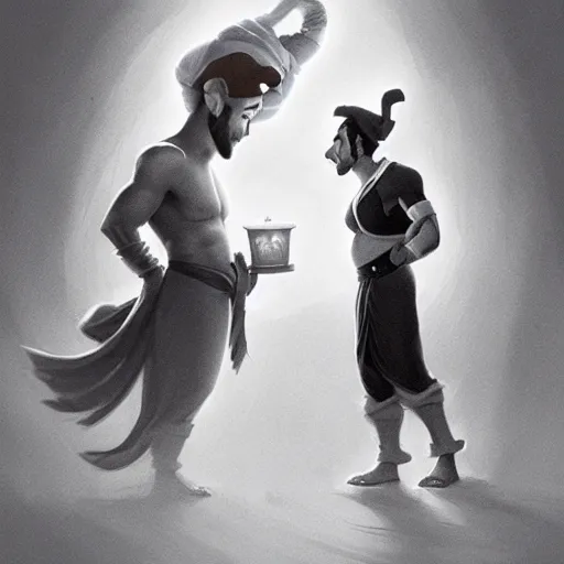 Image similar to pencil illustration of Robin Williams and the Genie from Aladdin trending on art station Greg rutkowski cinematic