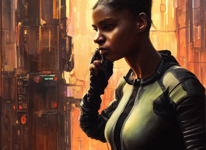 Image similar to Maria igwe. Cyberpunk female hacker wearing stealth suit hiding from police patrol (blade runner 2049, cyberpunk 2077). Orientalist portrait by john william waterhouse and James Gurney and Theodore Ralli and Nasreddine Dinet, oil on canvas. Cinematic, hyper realism, realistic proportions, dramatic lighting, high detail 4k