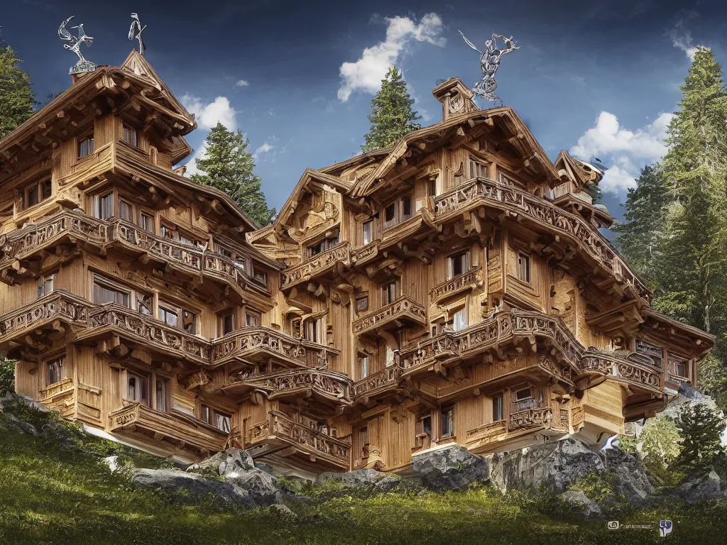 Prompt: Beautiful Swiss chalet built on a landscape of an intricate watch mechanism, cogs, gears, gearwheels, levers, jewels, shiny silver, shiny gold, engraved metal, architectural render, futuresynth, by Gabriel Dawe, by Skottie Young, by Jessica Rossier, by Isaac Cordal, Rolex, Breitling, Hublot, Jacob & Co, Tag Heur, (steampunk)