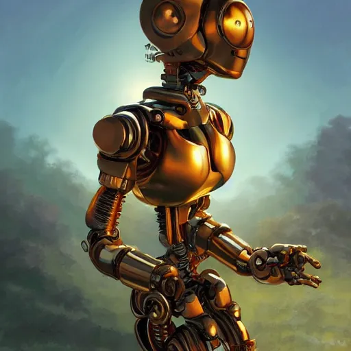 Image similar to clear portrait of robot baby, adorable appearance!!!, golden hour, happy apearance, cottagecore!!, background hyper detailed, character concept, full body, dynamic pose, intricate, elegant, highly detailed, digital painting, artstation, concept art, smooth, sharp focus, illustration, art by artgerm and greg rutkowski and alphonse mucha