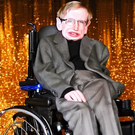 Image similar to Stephen Hawking with a gold wheelchair, flashy photography,