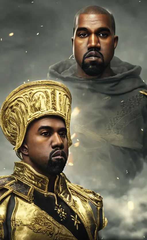 Image similar to Portrait of Kanye West as Emperor Napoleon in Skyrim, splash art, movie still, cinematic lighting, dramatic, octane render, long lens, shallow depth of field, bokeh, anamorphic lens flare, 8k, hyper detailed, 35mm film grain