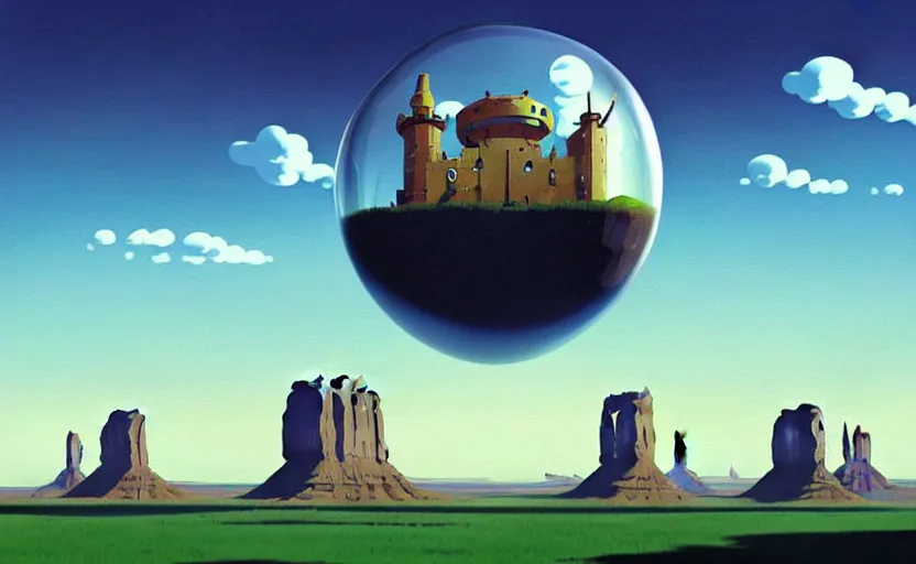 Image similar to a scary hyperrealist painting of a rocketship in a giant transparent square bubble from howl's moving castle ( 2 0 0 4 ) in a flooded monument valley stonehenge jungle. depth perception, 4 k, artstation, in the style of studio ghibli