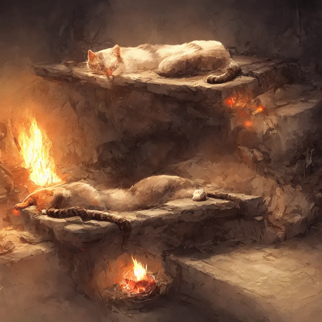 Image similar to cat laying on bed in under ground base, concept art, by greg rutkowski, fire