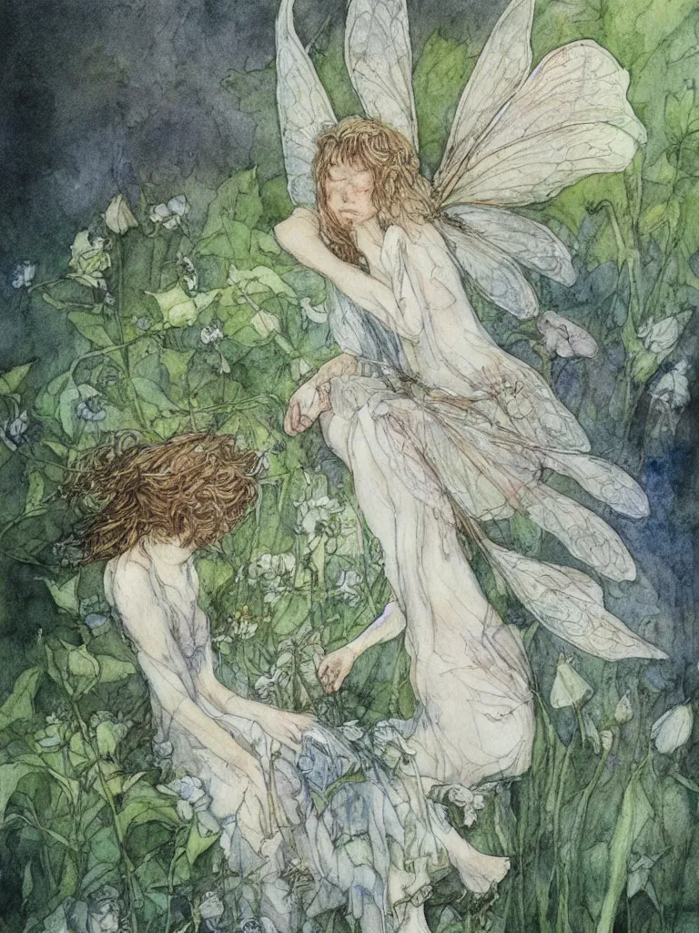 Image similar to annotated study of a flower fairy, illustration, watercolor, alan lee, detailed, pretty, ethereal,