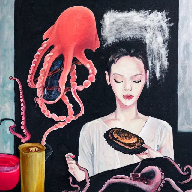 Image similar to a portrait in a female artist's bedroom, black walls, emo girl eating pancakes, sheet music, berries, surgical supplies, handmade pottery, flowers, sensual, octopus, neo - expressionism, surrealism, acrylic and spray paint and oilstick on canvas