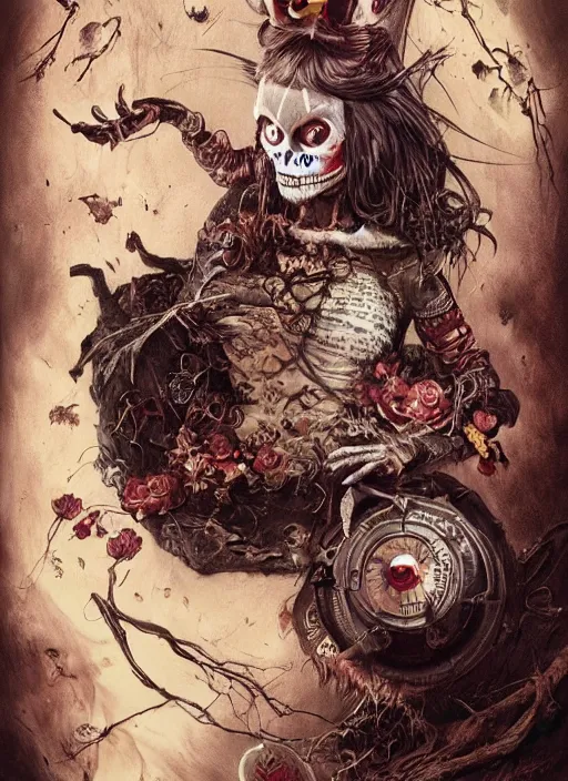 Image similar to Angry Queen of Hearts with Cheshire Cat, Death Tarot card,highly detailed,half skull face,cinematic,8k,by Stanley Artgermm,Tom Bagshaw,Greg Rutkowski,Carne Griffiths, Ayami Kojima, Beksinski, Giger,trending on DeviantArt,hyper detailed,horror, full of colour