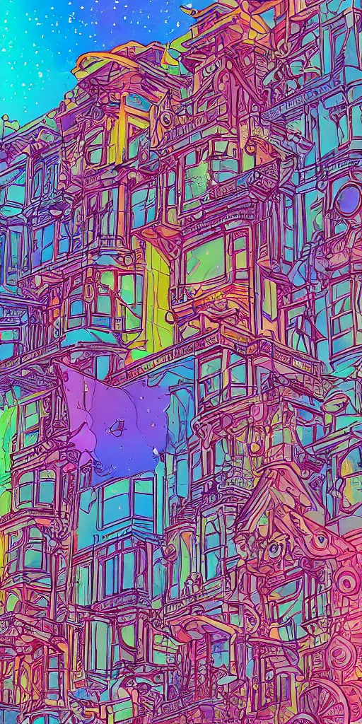 Image similar to the haight in san francisco an ultrafine detailed illustration by james jean, intricate linework, bright colorful colors, behance contest winner, vanitas, angular, altermodern, unreal engine 5 highly rendered, global illumination, radiant light, detailed and intricate environment