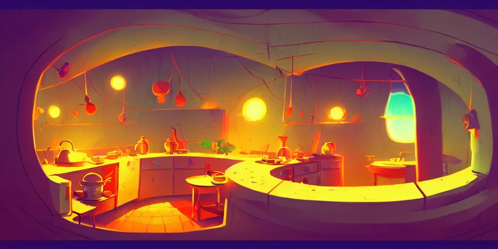 Prompt: naive nerikomi, weird perspective, cel shading, detailed illustration of a kitchen dim lit by 1 candle in a scenic spiral environment by anton fadeev from lorax movie, trending artstation