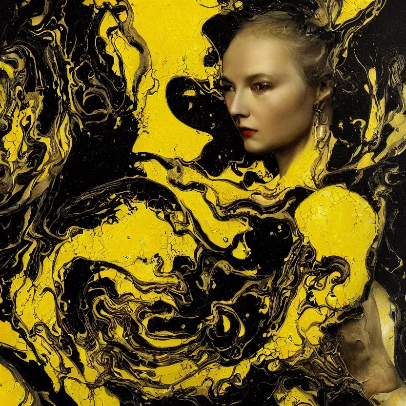 Image similar to a dark baroque close - up portrait of a vivid yellow and white porcelain being made out of white liquid sci - fi vitrified translucent ceramic marble ; china. reflective detailed textures. gloomy black background. highly detailed fantasy science fiction painting by moebius, norman rockwell, frank frazetta, and syd mead. rich colors, high contrast. artstation