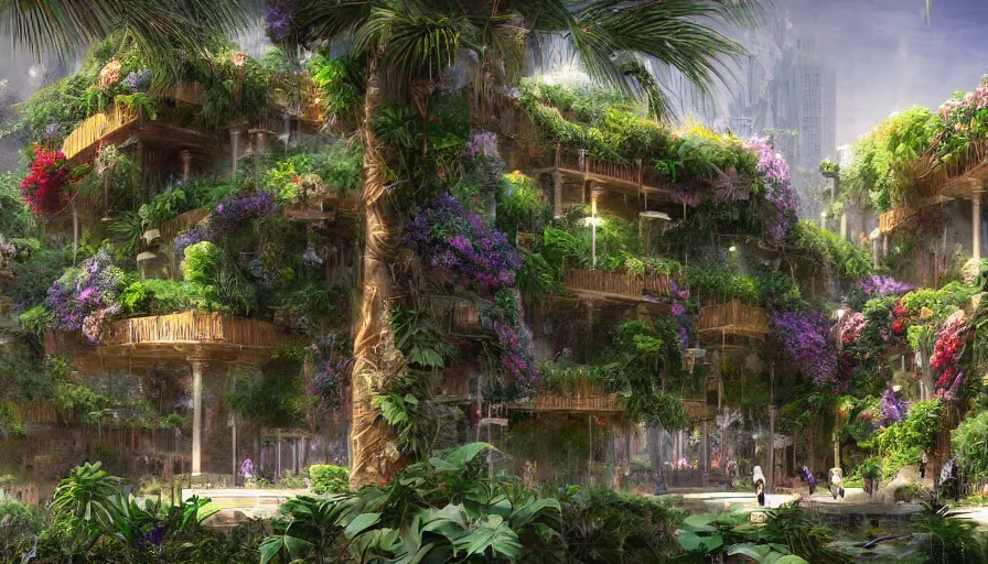 Image similar to hanging gardens of babylon, flowers, palms, artstation