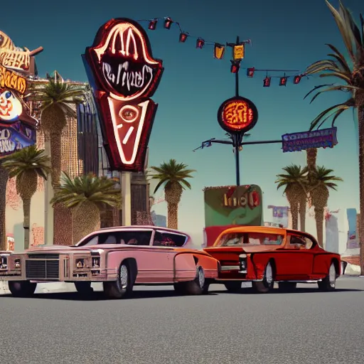 Image similar to gothic style Las Vegas in 1973, chicken heads Elvis body, anthropomorphic Elvis chickens roaming the streets and driving Cadillacs, bright light city, high octane, 8k vray render, subsurface scatter, drum scanner, intricate complexity, cinematic quality