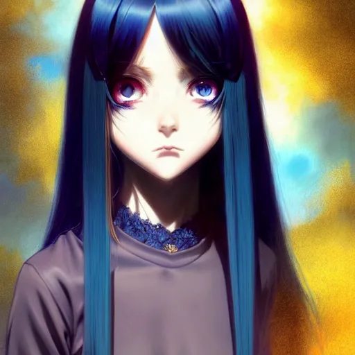 Prompt: attractive long blue - haired girl with bangs gothic anime character with amber eye color gold, fantasy, screenshot, anime, sharp focus, intricate, illustration, cell shaded, digital painting, highly detailed, concept art, matte, art by ilya kuvshinov and kyoto animation and wlop, and greg rutkowski, studio quality, james jean, artem demura