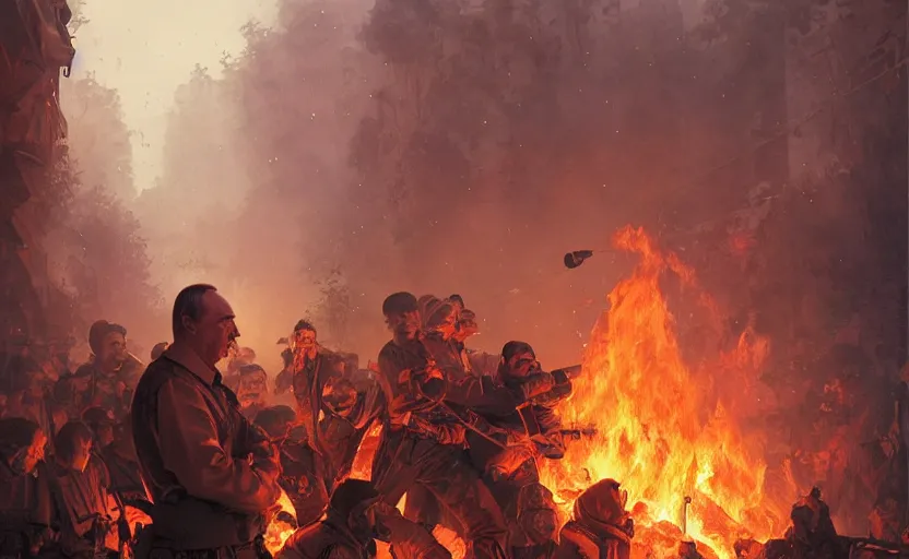 Image similar to vladimir putin as a monkey with his comrades on fire in the background photojournalism, ultra detailed, 8 k resolution, realistic painting, symmetrical, highly detailed, digital painting, artstation, concept art, smooth, sharp focus, illustration, cinematic lighting, art by artgerm and greg rutkowski and alphonse mucha