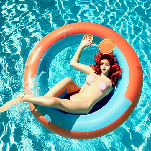 Prompt: Beautiful woman with retro hair and makeup floating in a circular inflatable plastic raft, in a luxurious pool, overhead shot, fuzzy polaroid photograph, 1970s