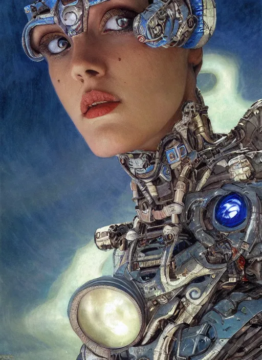 Image similar to biblical shy beautiful female mage android robot spells, heavy eyes to the side, closeup, bright glowing veins, in clouds, sunset, portrait, by gerald brom, by mikhail vrubel, by peter elson, muted colors, extreme detail, reflections, trending on artstation, 8 k