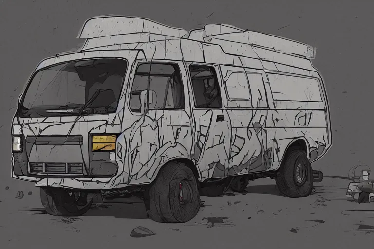 Prompt: digital illustration of mad max's hiace van by makoto shinkai, ilya kuvshinov, lois van baarle, rossdraws, basquiat