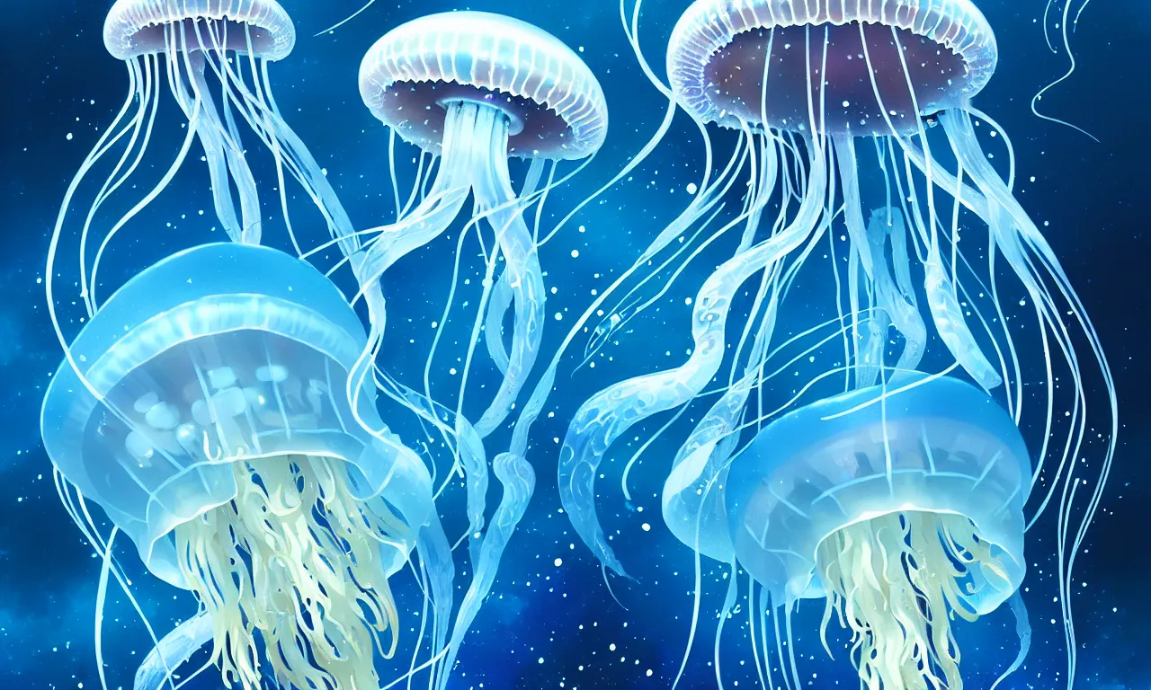 Image similar to detailed jellyfish in space, blue tones, underwater, full frame, highly detailed, digital painting, artstation, concept art, smooth, sharp focus, illustration, art greg rutkowski and alphonse mucha