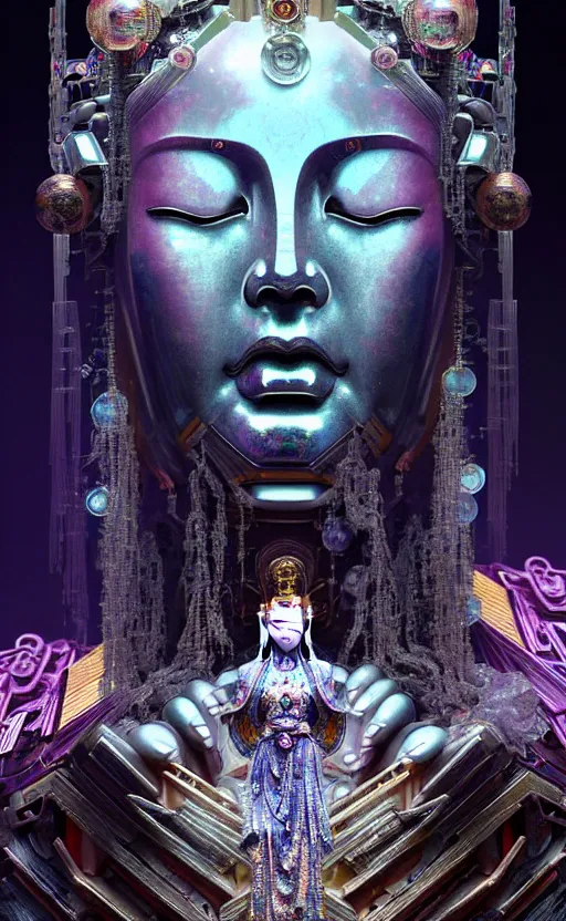 Image similar to thousand - handed guanyin from chinese mythology, ghost, gorgeous and huge head ornaments, dystopian, cyberpunk, mecha, halfturn portrait of a big crystal face made of crystals half - turn, ominous, intricate, studio, art by anthony macbain + greg rutkowski + alphonse mucha, concept art, 4 k, sharp focus