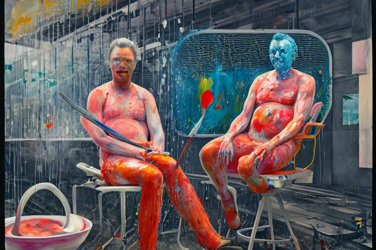 Prompt: portrait of a morphed painter sitting in a chair at a bbq grill tending to meat, art by james jean and luc tuymans and vincent lefevre and hernan bas and pat steir and hilma af klint, psychological, dripping paint, high quality render, cg society contest winner, retrofuturism, masterpiece