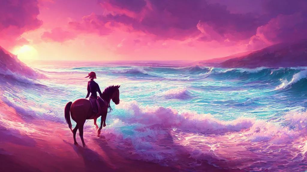 Image similar to a horse riding along a pink beach with impossibly large waves crashing against the shoreline, beautiful twilight sunset background, by sylvain sarrailh, rossdraws, ambient light, ultra detailed, fantasy artwork, 8 k, volumetric lighting, trending on artstation, award winning, very beautiful.