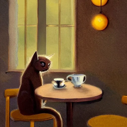 Image similar to brown cat with yellow eyes is sitting at table in a cafe at paris in early 2 0 th century. it is licking milk from little saucer, atmospheric feeling, warm colours, brown colours, yellow colours, epic scene, cinematic, very detailed, concept art, trensing on artstation