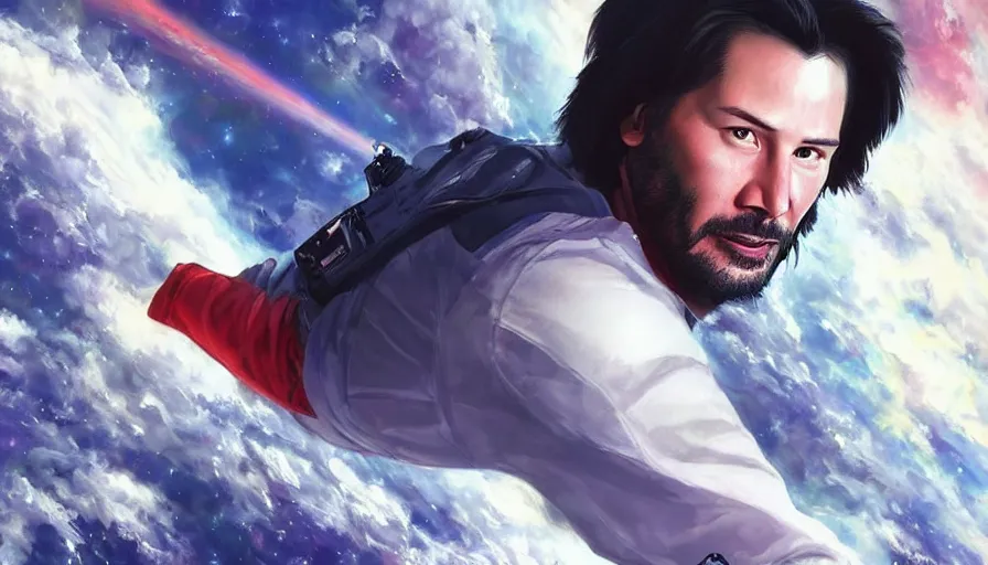 Prompt: Keanu reeves floating in space with extatic facial expression, digital art, artstation, artgem