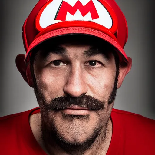 Image similar to Professional corporate portrait of Mario wearing his Mario hat and overalls, Nintendo, studio lighting, 85mm lens, Photo by Martin Schoeller, Lee Jeffries, Terry Richardson