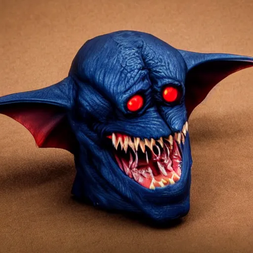 Prompt: detailed full body of scary giant mutant dark blue humanoid pygmy-bat, glowing red eyes, sharp teeth, acid leaking from mouth, realistic, giant, bat ears, bat nose, furred, detailed, 85mm f/1.4