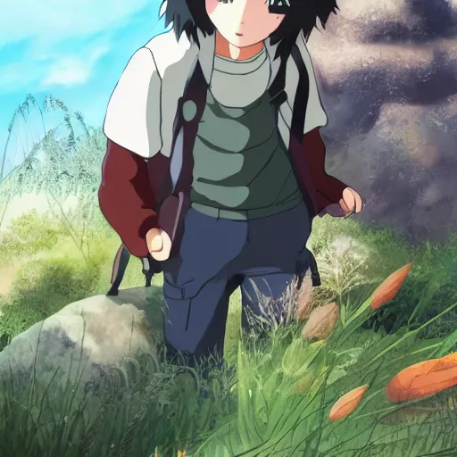 Prompt: friendly guy and small creature , with Fragile looking character portrait face made by Studio Ghibli highly detailed art, beautiful scene, sharp focus, smooth, 8k, anime art, wild, dark