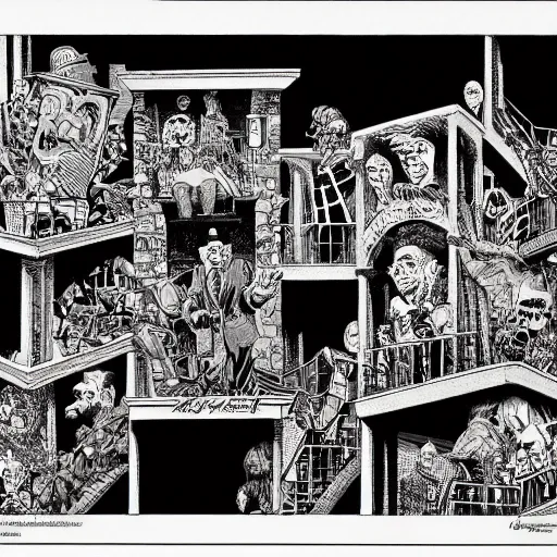 Image similar to a six panel pen and ink surrealist comic strip robert crumb jack davis mc escher masterpiece perfect composition very strange - w 1 0 2 4