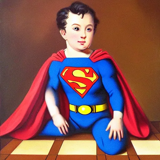 Image similar to superman baby playing chess looking wise, rococo oil painting, highly detailed