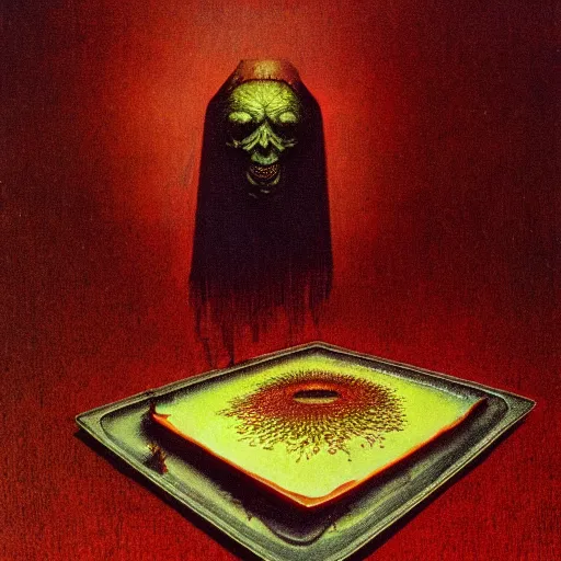 Image similar to aspic on plate, product shot by beksinski, bernie wrightson, trending on artstation, optical illusion, horror film, creepypasta