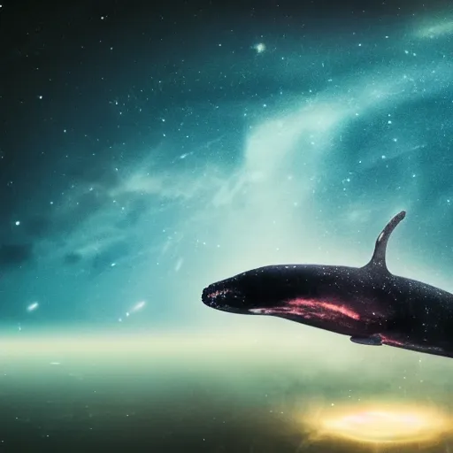 Image similar to close up portrait of space whale on a dark night sky in space, flying across the universe, oniric, dreamy, beautiful, highly detailed, realistic, cinematic, dynamic composition
