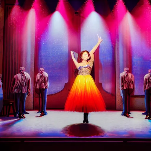 Prompt: beautiful actress singing on a stage of a broadway musical, colorful dress, tall decorations, grey setting, extremely detailed, professional photography, theatrical lighting, volumetric lighting, hyperrealism