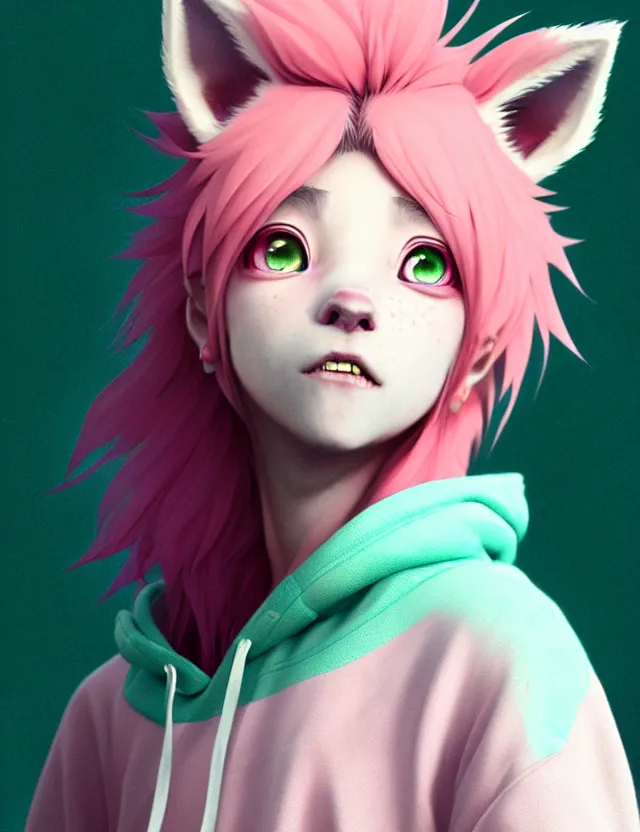 Image similar to a beautiful headshot portrait of a cute anime male boy with pink hair and pink wolf ears wearing a hoodie. piercings. green eyes. character design by cory loftis, fenghua zhong, ryohei hase, ismail inceoglu and ruan jia. artstation, volumetric light, detailed, photorealistic, fantasy, rendered in octane