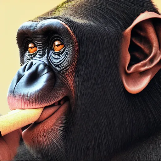 Image similar to a high detail shot of a chimp wearing a suit, smoking, render, cgsociety, photorealism