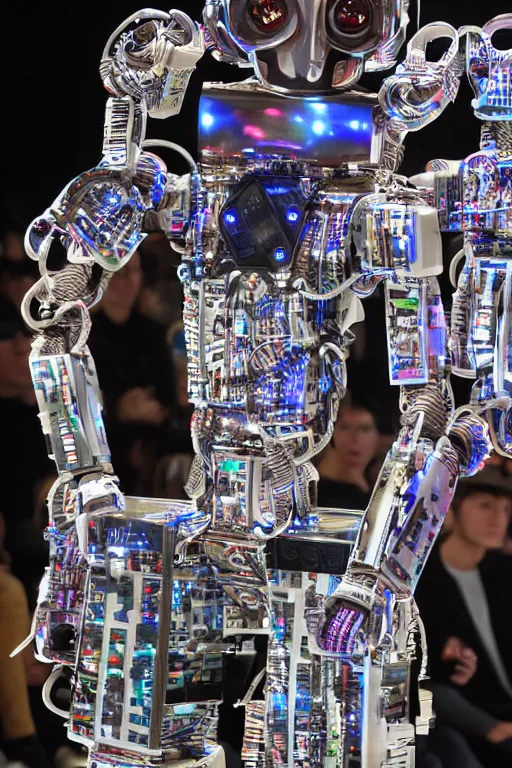 Image similar to men's streetwear worn by a robot on the fashion runway, made of circuits and mylar, high details, full frame shot