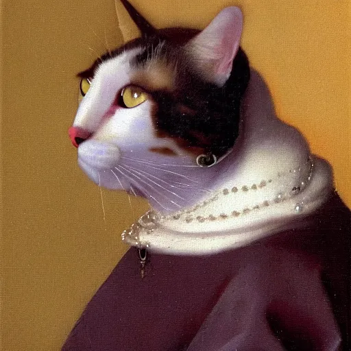 Image similar to a orange cat with a pearl necklace by jan vermeer, oil painting ， highly detailed ， headshot, 8 k