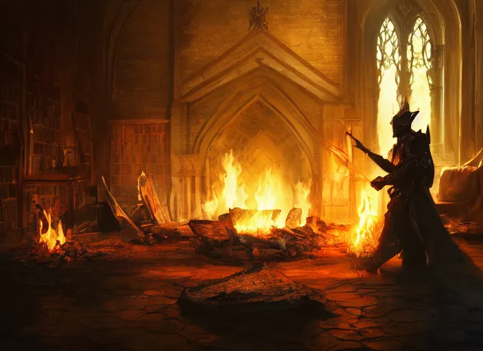 Image similar to theknight in hand sheet of paper, book background. around the fire, volumetric lighting, digital painting, highly detailed, artstation, sharp focus, illustration, concept art, ruan jia, steve mccurry, amazing composition, gothic arch frame