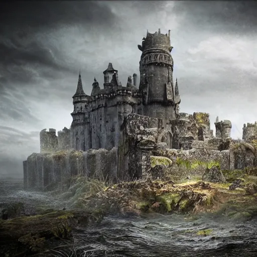 Image similar to hyperrealistic photograph of the haunted ruins of the black castle, dim volumetric lighting, 8 k, octane beautifully detailed render, extremely hyper detailed, intricate, epic composition, cinematic lighting, masterpiece, trending on artstation, very very detailed, stunning, hdr, smooth, sharp focus, high resolution, award, winning photo, dslr, 5 0 mm