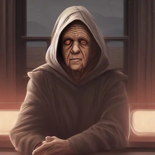 Prompt: Emperor Palpatine chilling in a coffee shop sipping on his hot steaming coffee, hyperdetailed, artstation, cgsociety, 8k