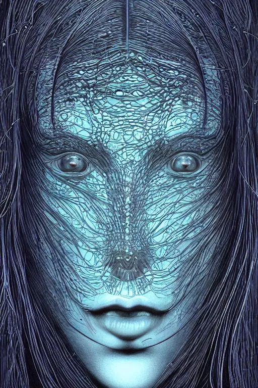 Prompt: dark underwater portrait of one Bioluminescent ancient woman, with reaction diffusion semi-transparent skin. face closeup. long intricate dark hair. good face proportions. with many jellyfishes. very high detail, illustration, by alex grey and Ilya Kuvshinov