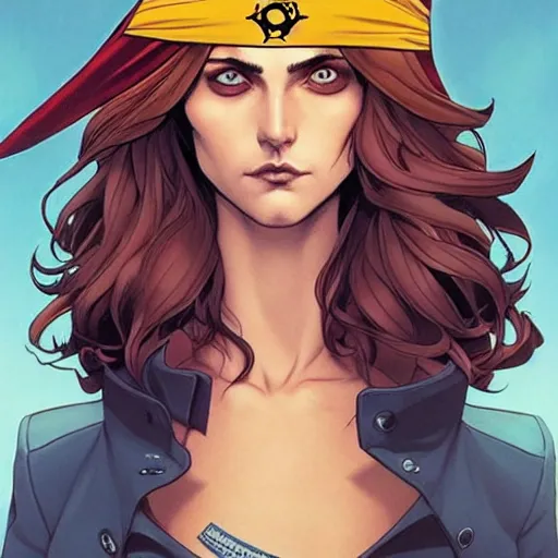 Image similar to Rafeal Albuquerque comic art, Joshua Middleton comic art, pretty female Phoebe Tonkin, pirate, eye patch over one eye, evil smile, symmetrical face, symmetrical eyes, pirate clothing, long wavy brown hair, full body::8 sunny weather::2